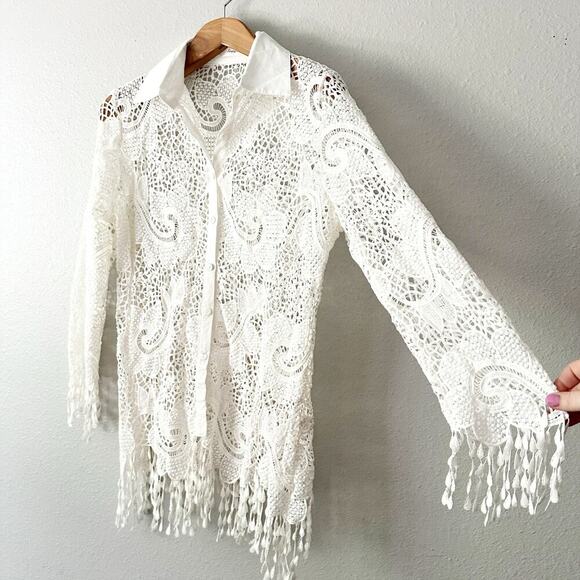 Simply Couture White Eyelet Lace Fringe Button Down Long SleeveTop Women's XL - Picture 4 of 12